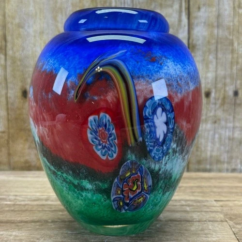 Murano Style Glass Heavy 6" Millefiori Flower Design Decor Vase