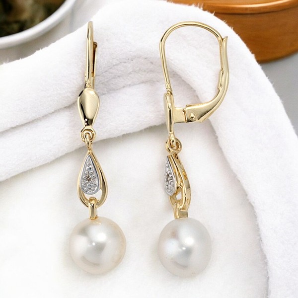 Boutons 585 Gold Gelbgold 2 Diamanten 2 SüßWasser Perlen Ohrringe OhrhäNger-image