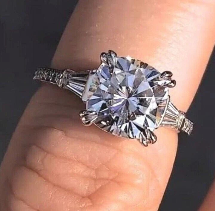 3.20Ct Cushion Cut Moissanite Three Stone Engagement Ring 14k White Gold Plated