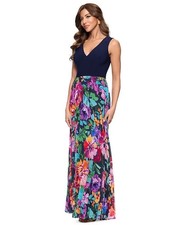 XSCAPE Petite Mixed-Media V-Neck Sleeveless Gown - Navy Multi - 14P