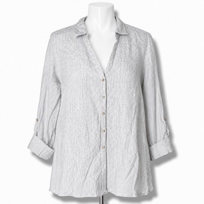 Tahari Linen Essentials Button Up Pinstripe Shirt Black White Lagenlook Tunic XL