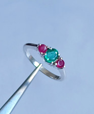 Natural Emerald  Ruby Ring 925 Sterling Silver 3-Stone Band Handmade Jewelry