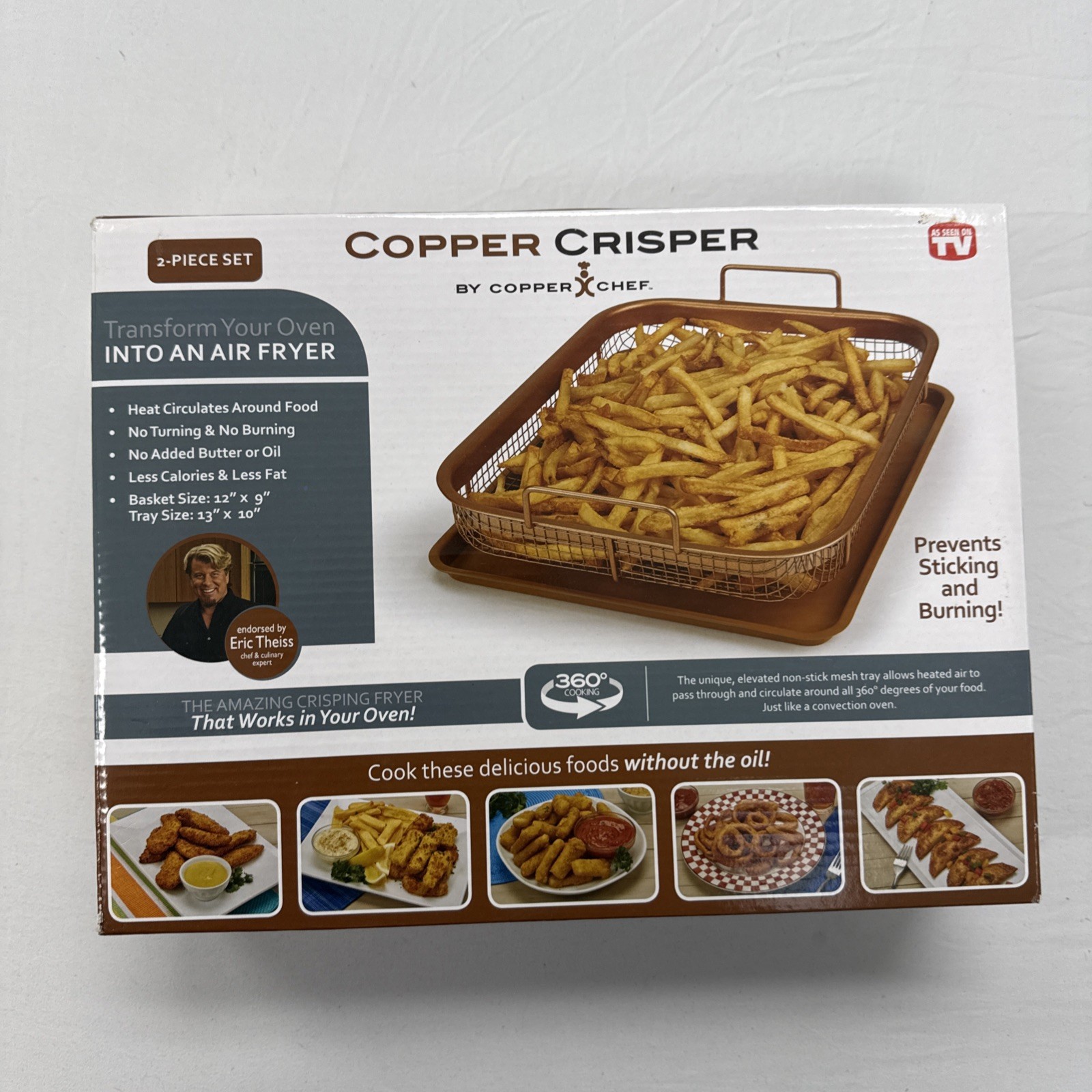 Copper Chef Copper Crisper Oven Air Fryer 2 Piece Set 12"x9" Basket 13"x10" Tray