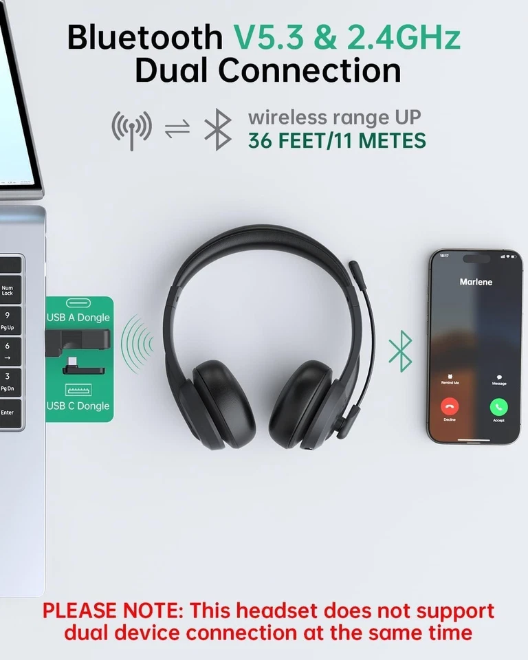 syndesmos Wireless Headset with Microphone, Adjustable Headband PC Headset - Image 2 of 4