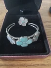 Vintage Sterling Silver FIA Zuni MOP & Turquoise Flower Ring & Cuff Bracelet Set