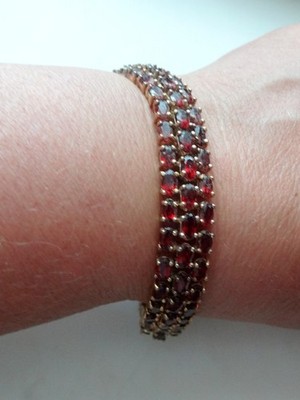 Bohemian Garnet Sterling Silver Tennis Bracelet 70 Garnets Gold Vermeil 8.1/4''
