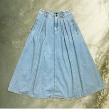 Vintage 1990s Lizwear Light Wash Denim A-Line Midi Skirt 100 Cotton Petite