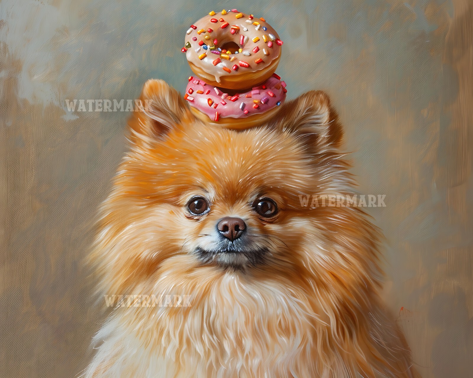 8x10 Matte Print Pomeranian Dog with Donuts on Head