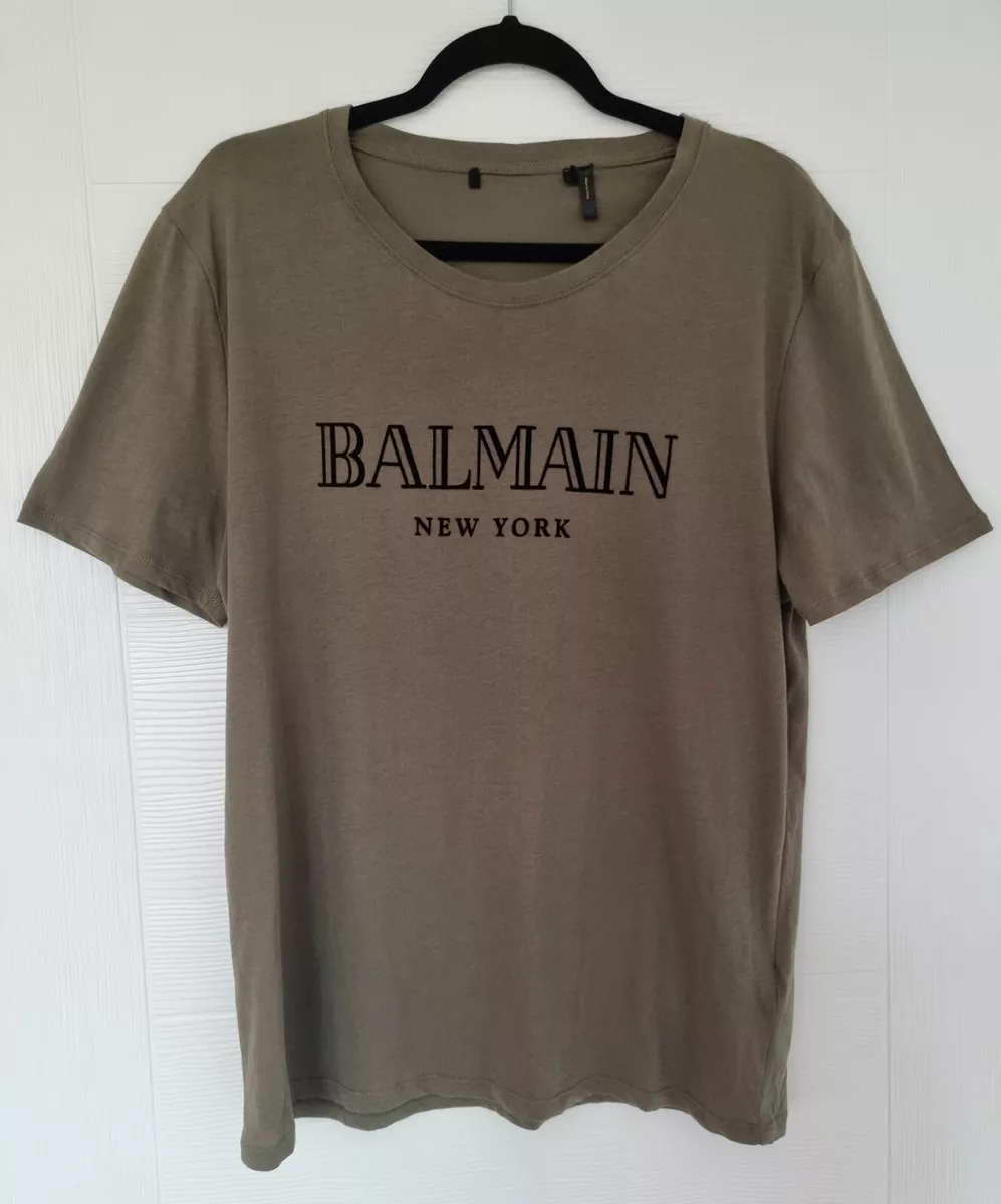 Men&#039;s BALMAIN x H&amp;M T-Shirt Tee Logo M Cotton Khaki Green New York | eBay