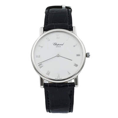 Chopard 32mm Classique Homme 18K White Gold Wristwatch with Black Leather Strap.