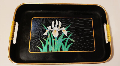 Vintage Lacquerware Black Serving Tray with Handles White Flowers 10-1/4'' x 7''