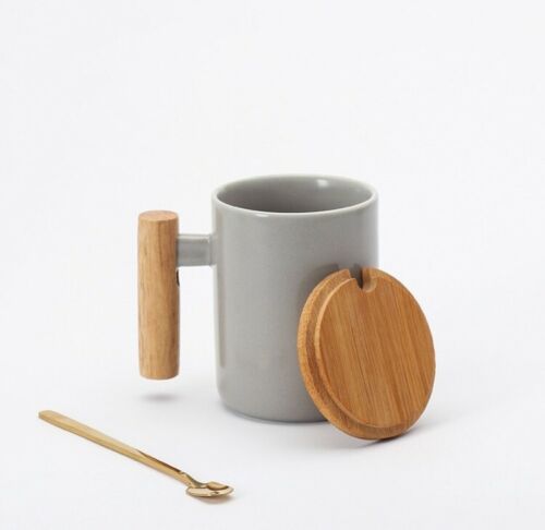 High quality ceramic coffee mug comes with bamboo lid, stainless steel spoon - Picture 2 of 5