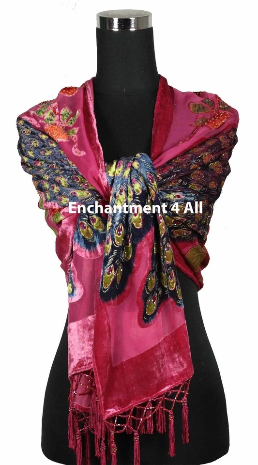 Xale oblongo feito à mão deslumbrante frisado 100% seda veludo pavão envoltório, rosa quente - Imagem 3 de 4