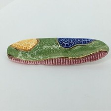Handmade Brooch Statement Pottery Abstract Gold Lines Oval Whimsy Artsy Quirky
