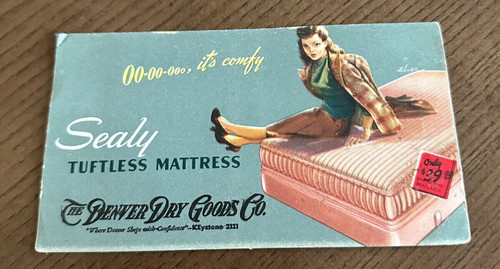 Vintage Ink Blotter Sealy Tuftless Pink Mattress Pin Up Brunette Denver Dry Good