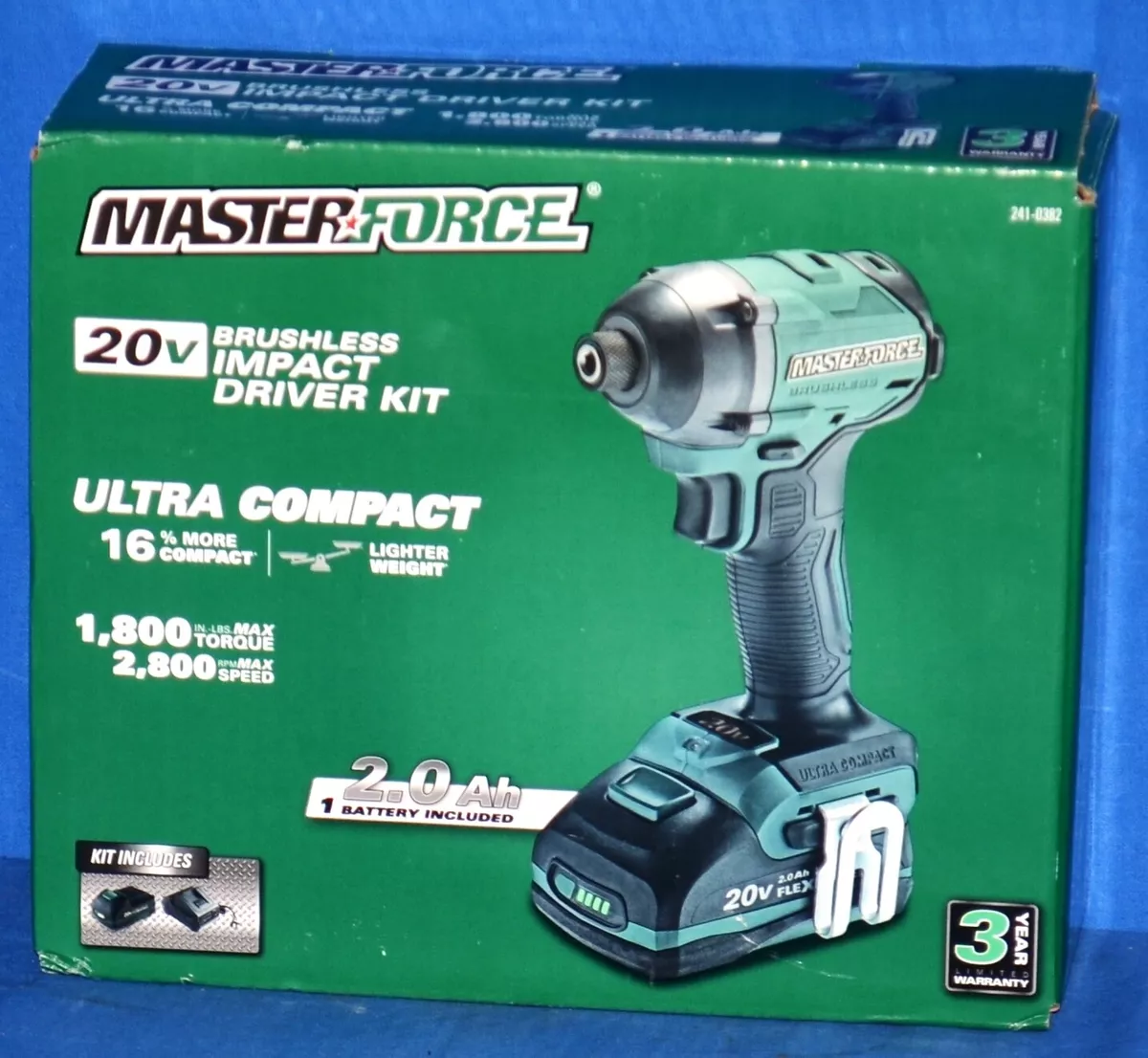 Masterforce Brushless Impact Driver Kit 241 0382 includes battery
