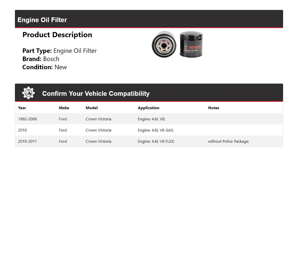 Filtro de aceite premium para Ford Crown Victoria Bosch 1992-2011 1993 1994 1995 1996 Foto 2 de 3