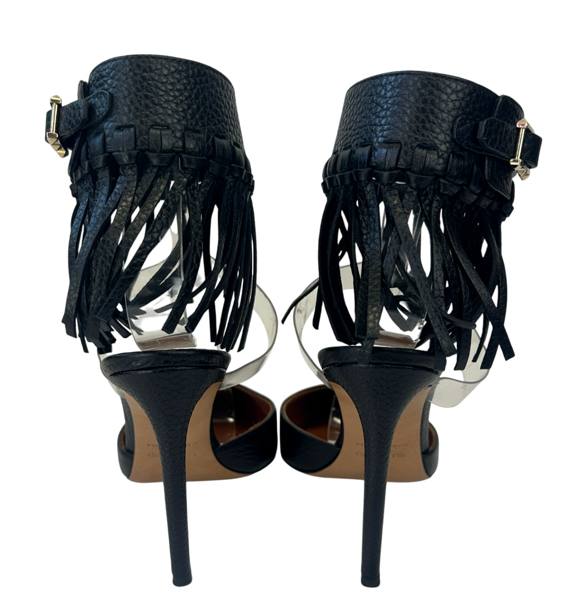 VALENTINO Garavani Calfskin C Rockee Fringe Pumps 37.5 7.5 US Black Ankle Wrap thumbnail 6