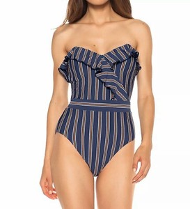 blue and white striped ruffle one piece swimsuit