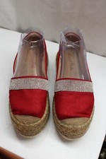 Red Glitter Panel Espadrille Slipon Wedge Shoes Vacation Linen Court Wedges7.5