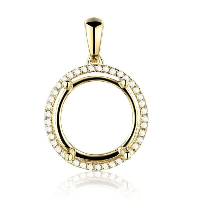 12mm Round Cut Diamond Semi Mount Pendant 14K Yellow Gold Plated Silver - Image 3 of 4