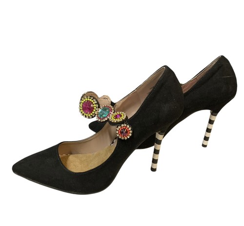 Betsey Johnson Black Suede Jodie Pumps Black/White Stripped Heels Sz 7