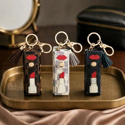 Checkerboard Lipstick Case Keychain Tassel Bag Charm Chic Faux Leather Snap NEW