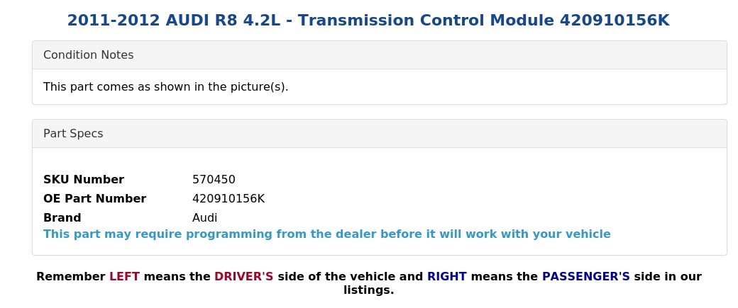 Audi R8 2011-2012 Transmission control module P/N 420910156K