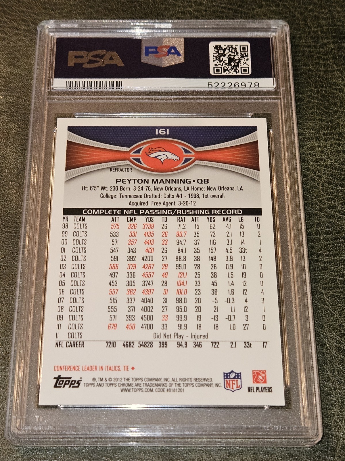 Peyton Manning 2012 Topps Chrome - Orange Refractor #161 PSA 10 Gem Mint Broncos view 2