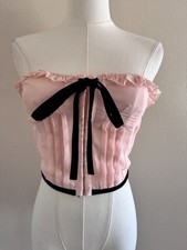 Pink Strapless Ruffle Corset Crop Top with Black Bow