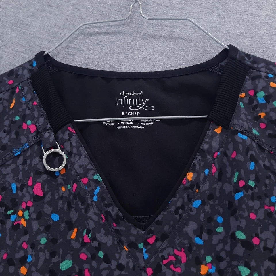 Cherokee Infinity Scrub Top Womens Small Black Multicolor V-Neck Stretch CK634 - Image 3 of 4