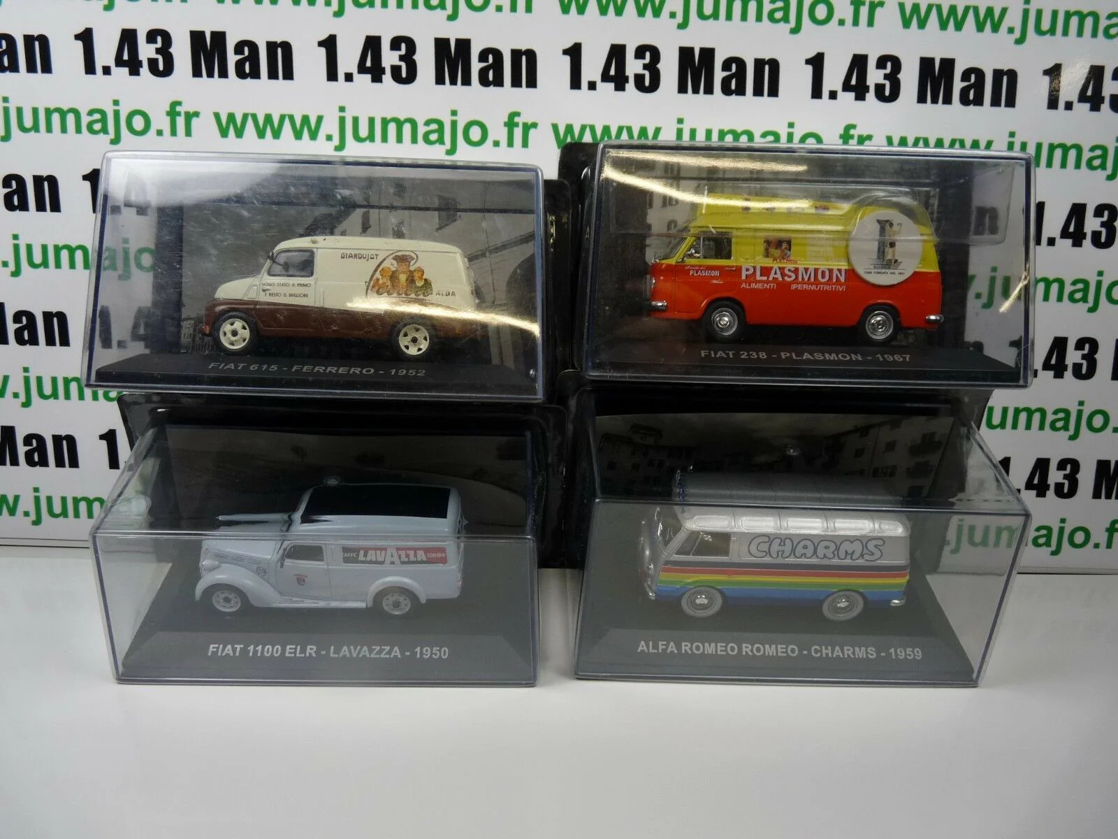 Camionnette FIAT 1/43 publicitaire en lot de 4 pour recréer l'ambiance des routes d'Italie