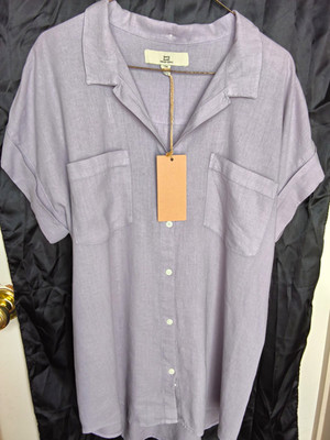 Thread + Supply Purple Solid Collared Button-Up Blouse Roll Tab Short Sleeve L