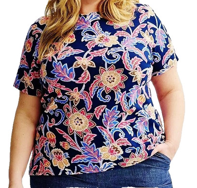 Croft & Barrow SS  Knit Top Crew Neck 100%  Cotton Navy Floral -  3X - NEW/TAG