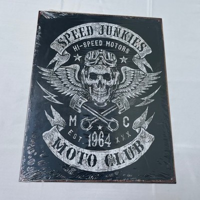 Speed Junkies Moto Club Winged Skull & Pistons Est. 1964 Tin Sign 12.5in x 16in