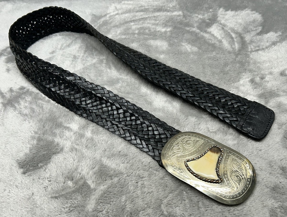 Vintage Black Braided Leather Belt Silver Western Buckle  display picture 1