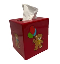 VTG Square Kleenex Tissue Box Cover Red Teddy Bear 80s Andre Richard