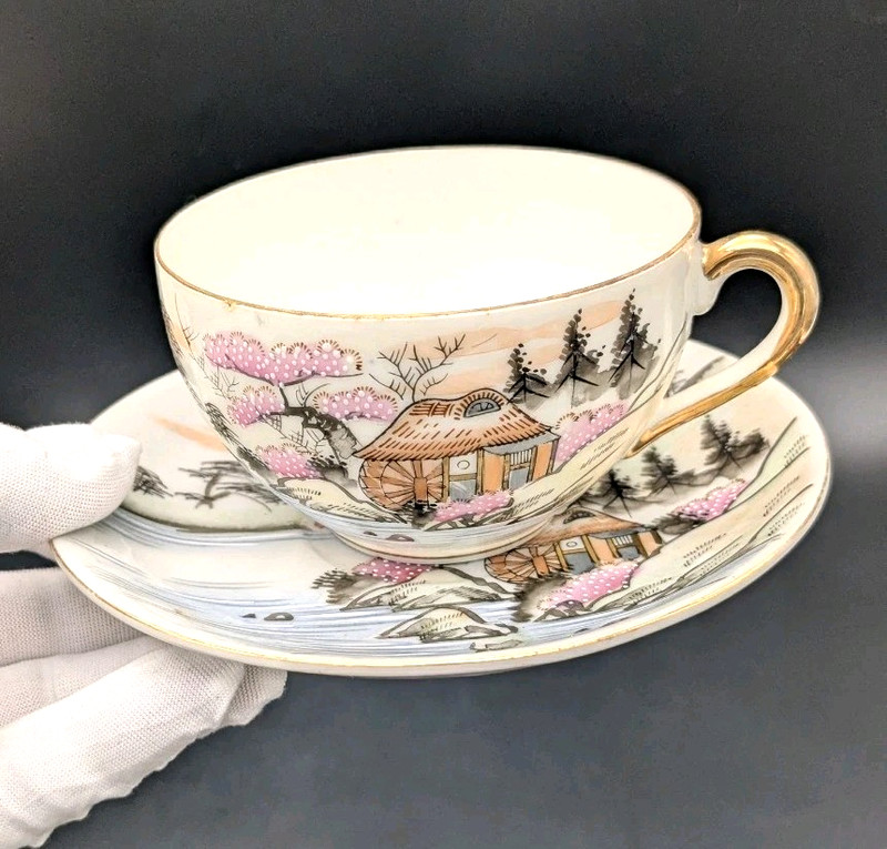 Vintage Japanese Kutani Eggshell Porcelain Tea Cup & Saucer Cherry Blossom Scene