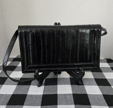 Women's Genuine Eel Skin Handbag Purse Black Snap Close
