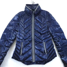 BLANC NOIR Sz L SUPER HERO Down PUFFER Sapphire Blue ZIP JACKET Hood