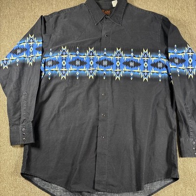 Vintage PLAINS Western Wear Men s Pear Snap Long Sleeve Shirt Southwest Design 