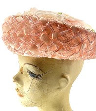 Vtg 60s Pink Hat with Flowers Straw Brim Union Made Roses