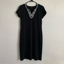 Talbots Embroidered V Neck Short Sleeve Cotton Shift Dress Black White Medium