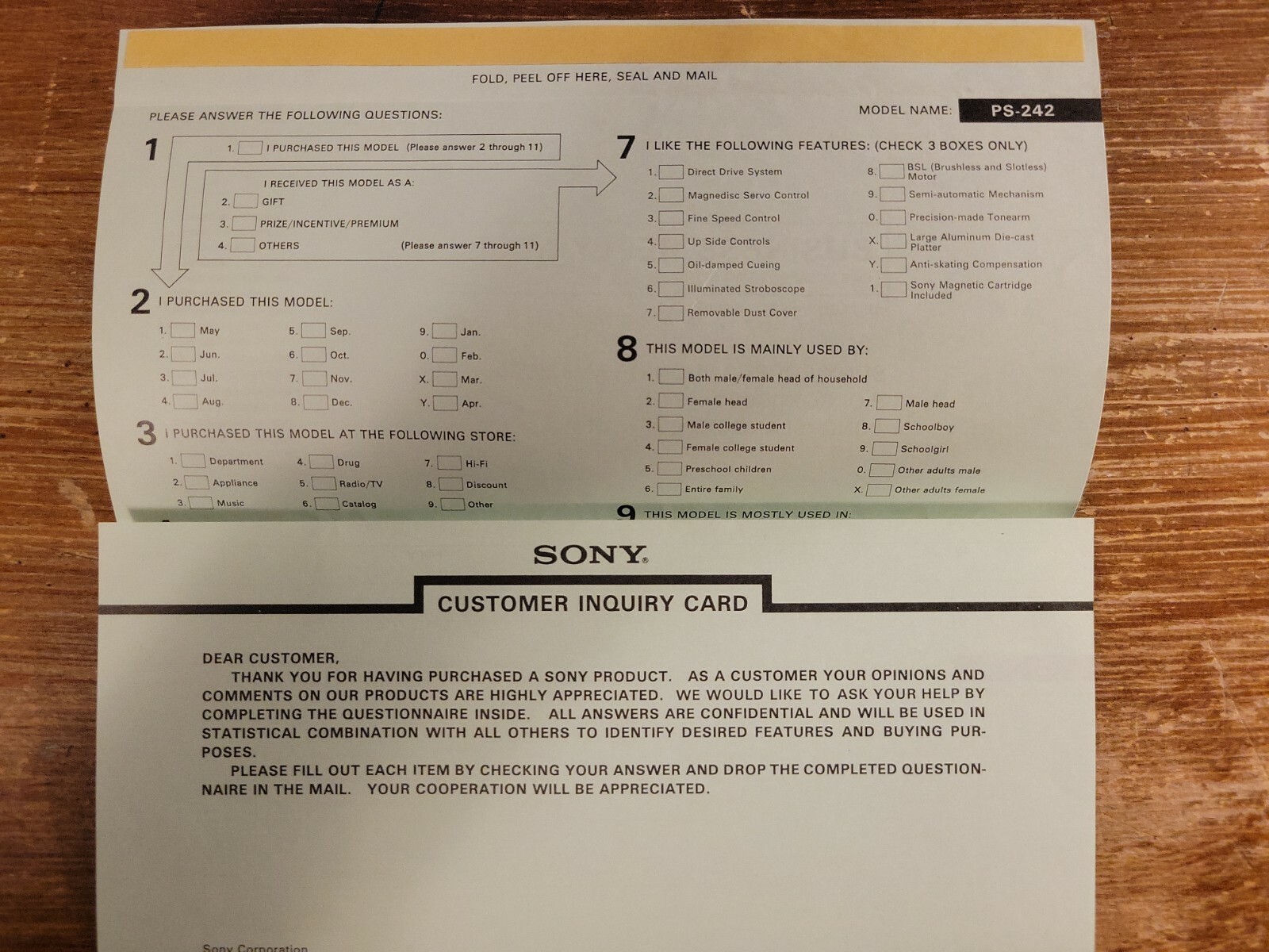 Sony Stereo Turntable System PS242 Operating Instructions, Reg Card