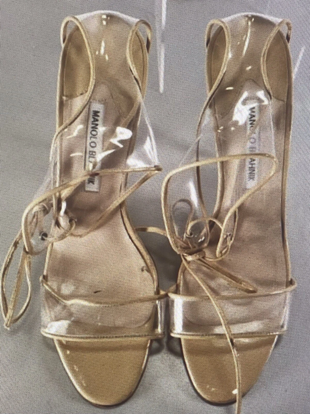 MBT MANOLO BLAHNIK Trasparente PVC Lucite Beige Patentato Caviglia Sandalo EU41 US10.5