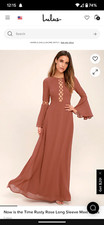 Lulus Rusty Rose Maxi Dress - Long Sleeve Boho Chic Gown w/ Bell Sleeves, Size S