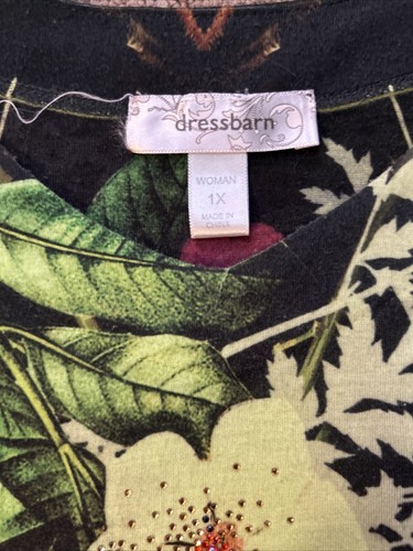 Dressbarn Women's 1X Green Tropical Print Roll Tab Short Sleeve Tunic - Picture 3 of 7