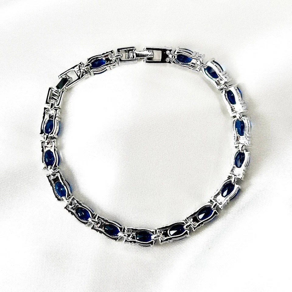 Sterling Silver Blue Lab-Created Sapphire Clear Topaz Tennis Bracelet Gift box - Image 3 of 3