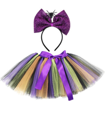 Girls Halloween Witch Tutu & Spider Hair Bow - New  