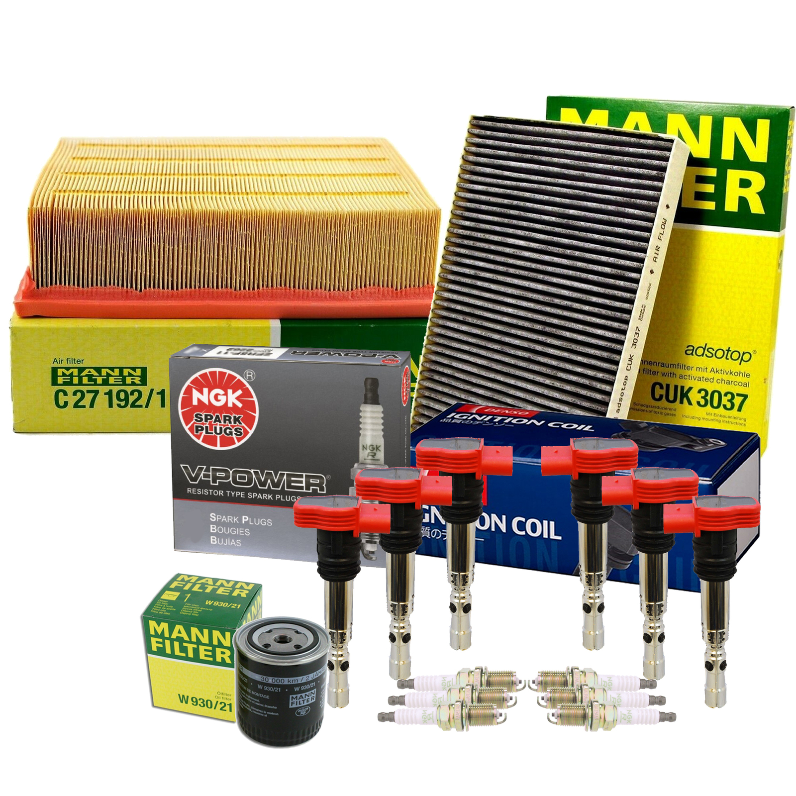 Mann Filters Denso 6 Coil NGK 6 V-Power Spark Plug Tune Up Kit For Audi AVK BGN